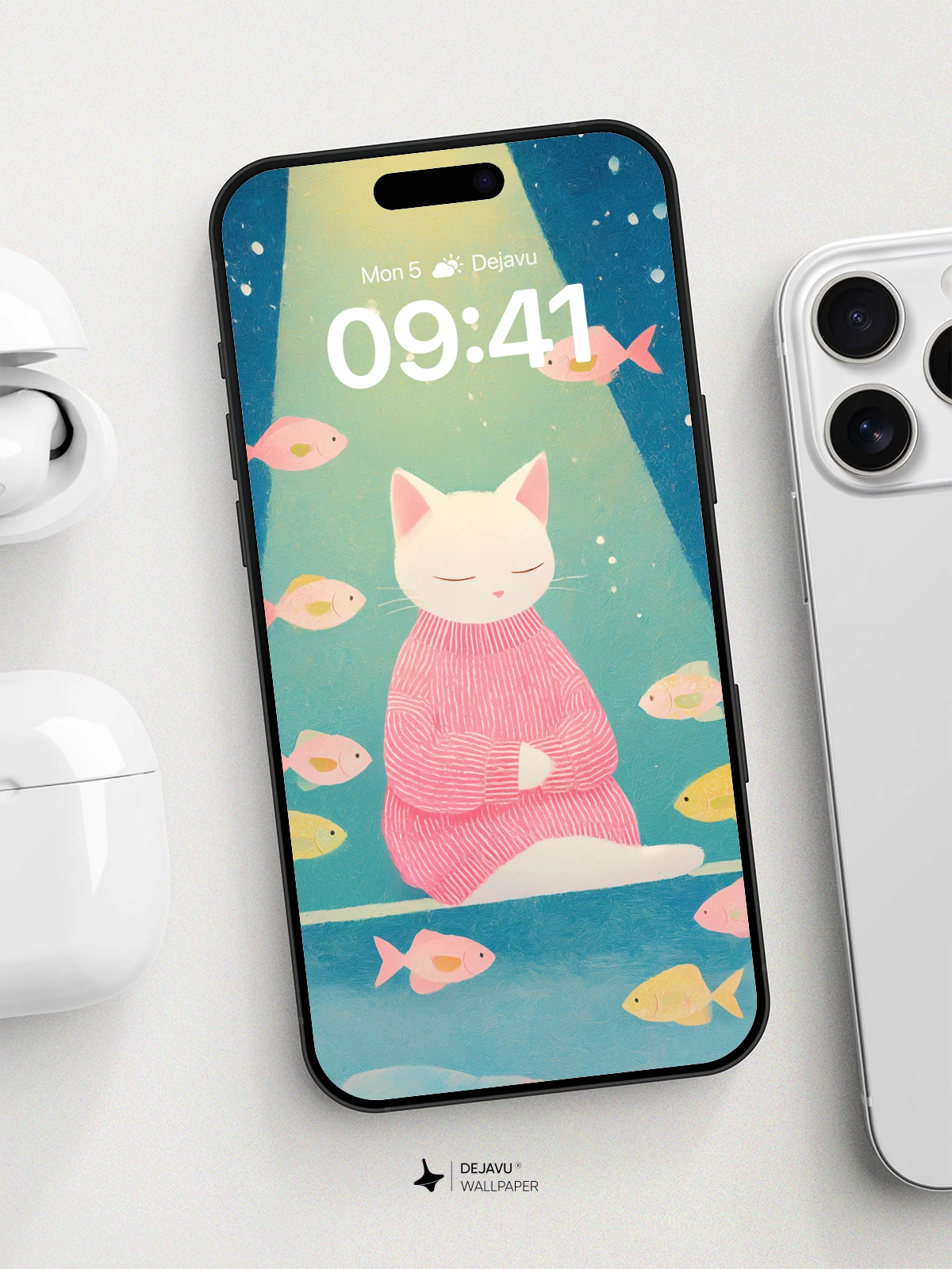 Meditative Cat Under Ocean Light Wallpaper 8K