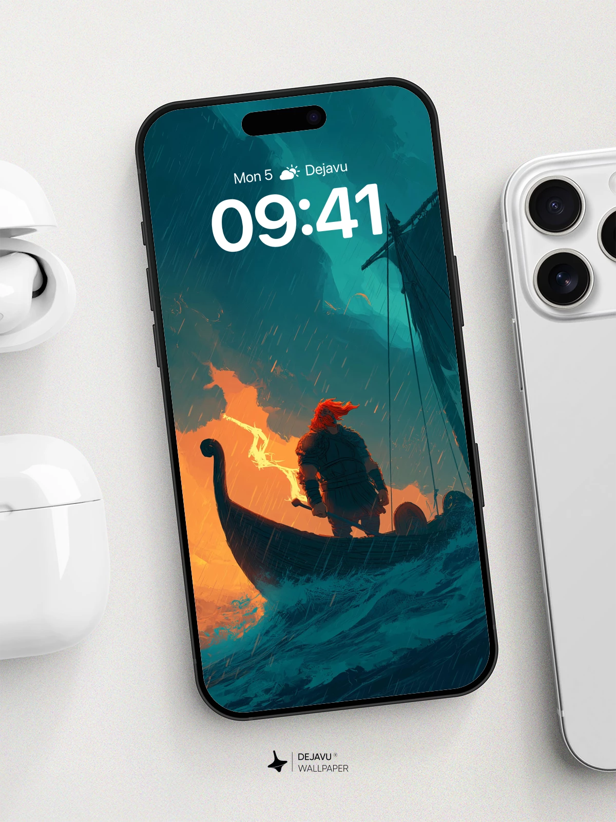 Viking Warrior Storm Sea Wallpaper 8K for iPhone and Android