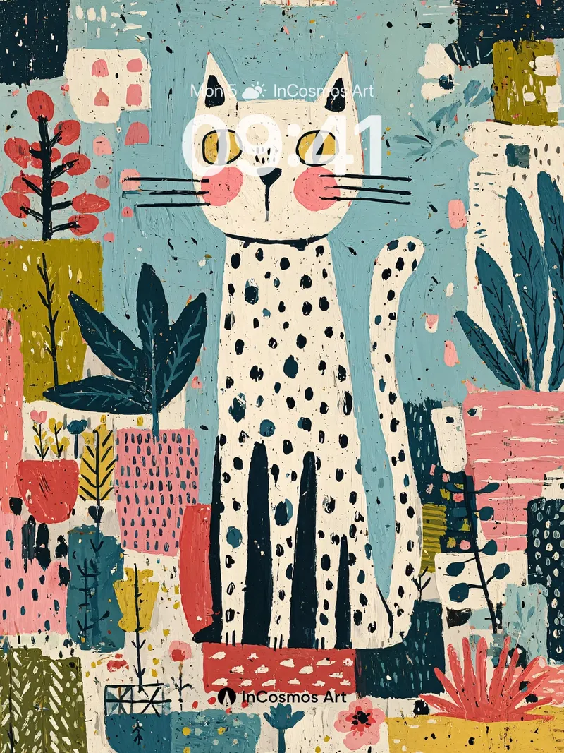 Whimsical Cat Wallpaper with Botanical Patterns