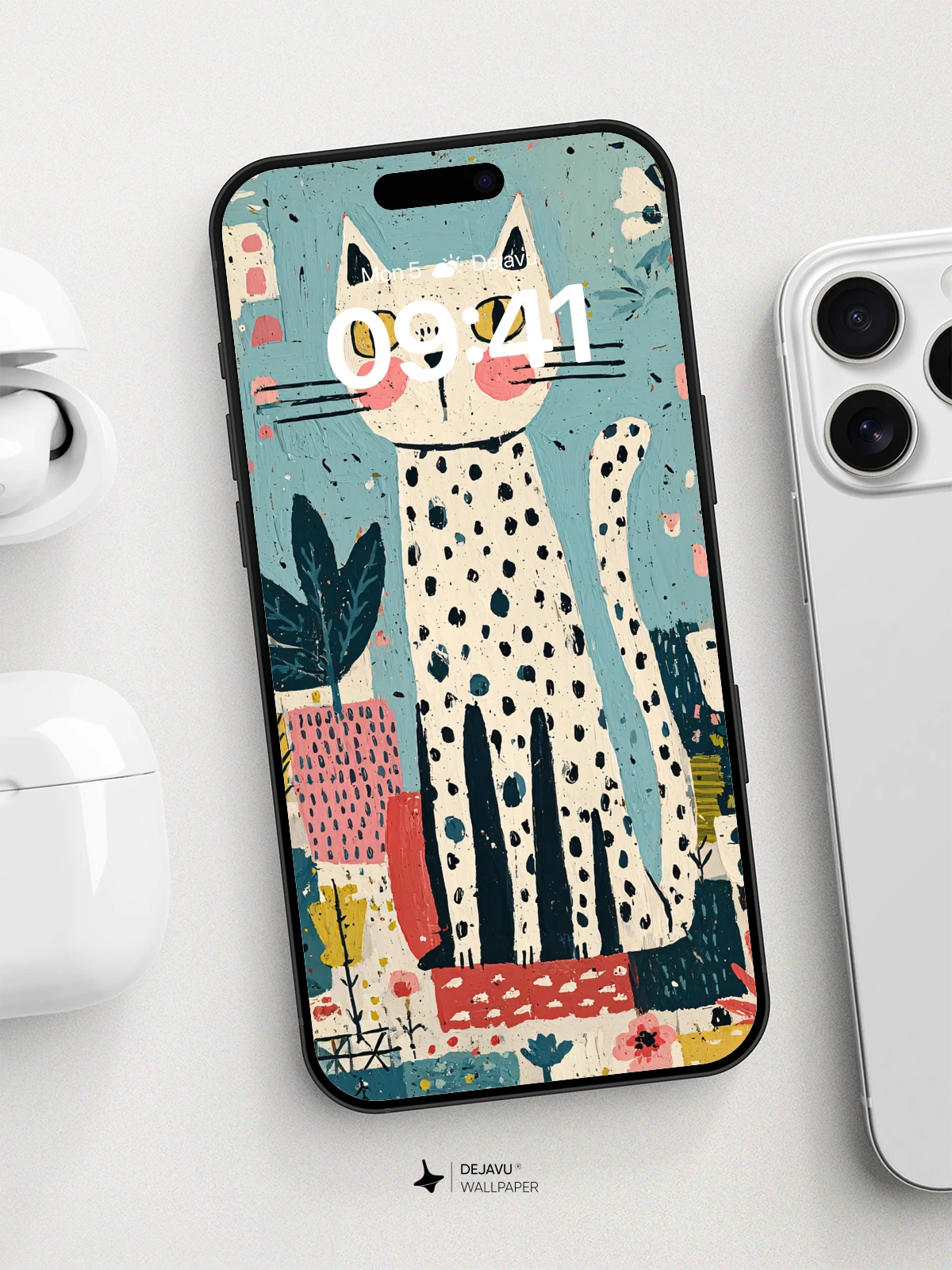 Whimsical Spotted Cat Wallpaper 8K for iPhone and Android