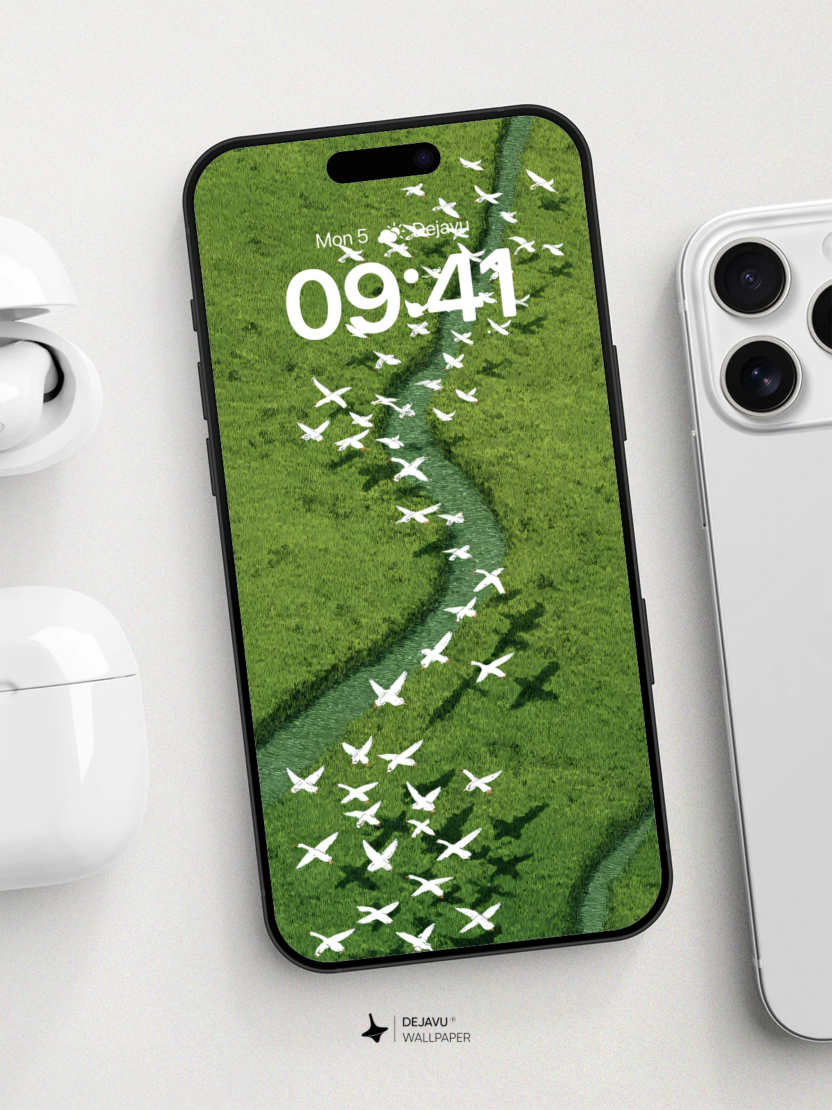 Ethereal Birds Over Green Fields Wallpaper 8K for iPhone and Android