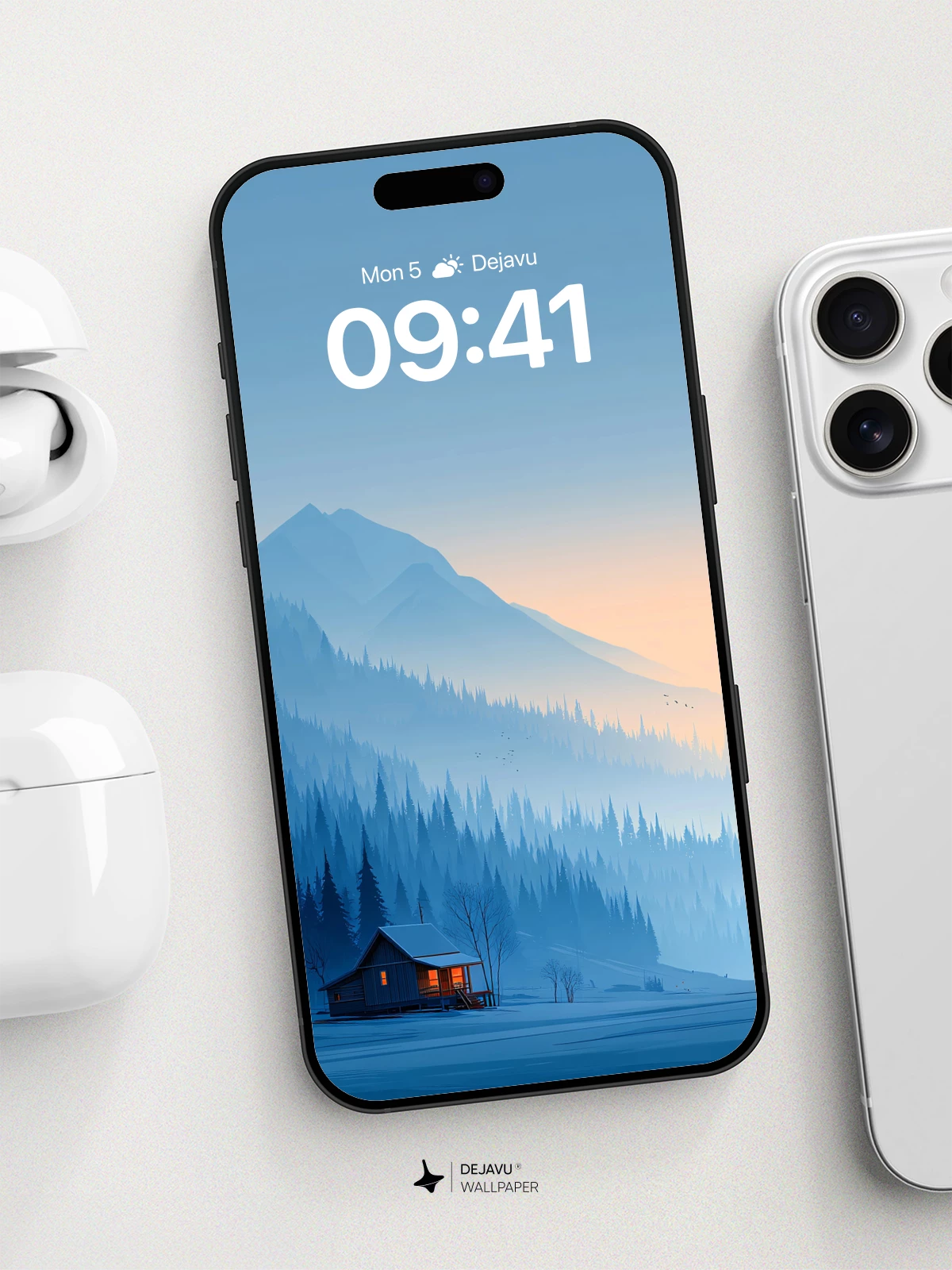 Winter Cabin Mountain Landscape Wallpaper 8K for iPhone and Android