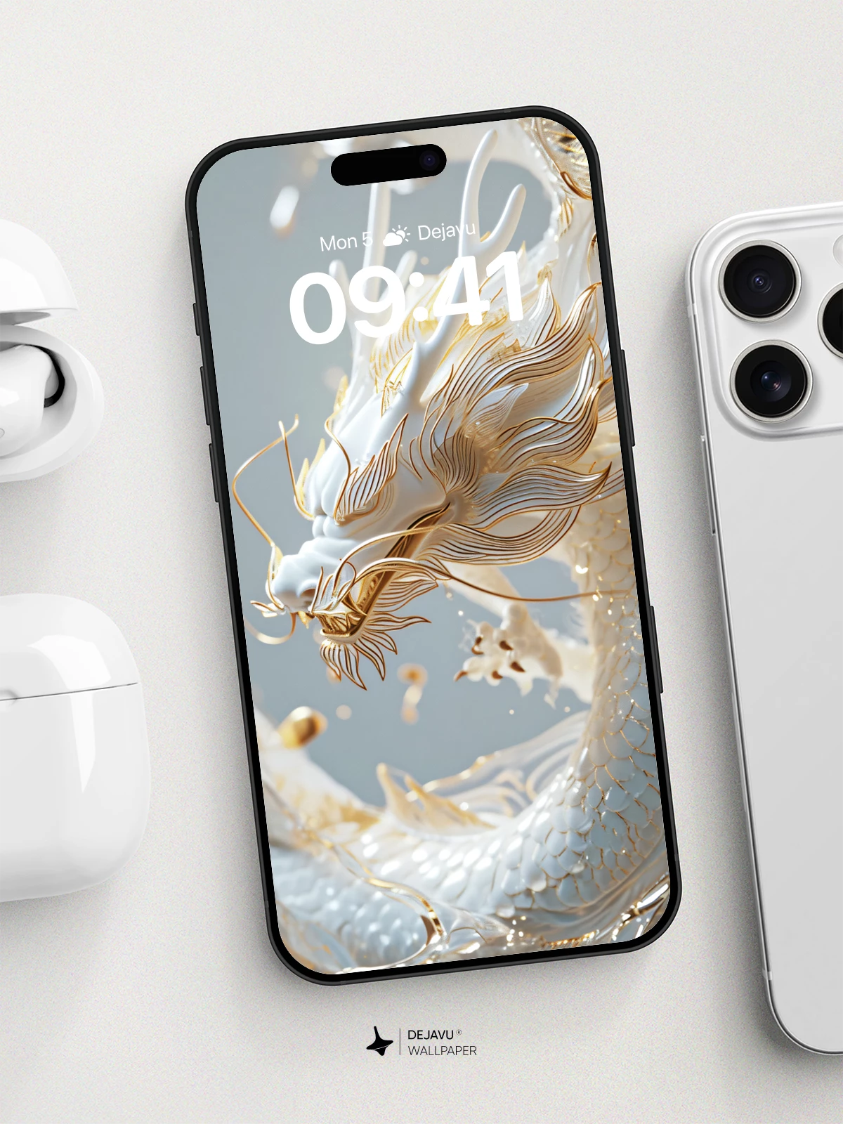 White Dragon With Gold Accents Wallpaper 8K for iPhone and Android