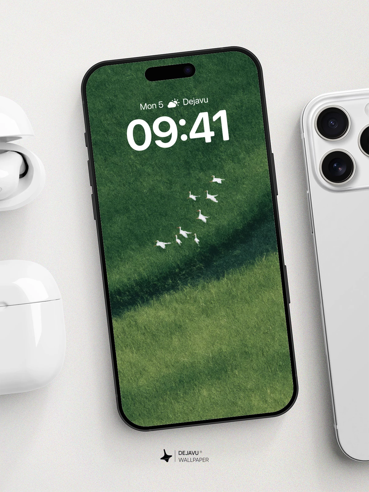 White Geese In Flight Over Green Fields Wallpaper 8K