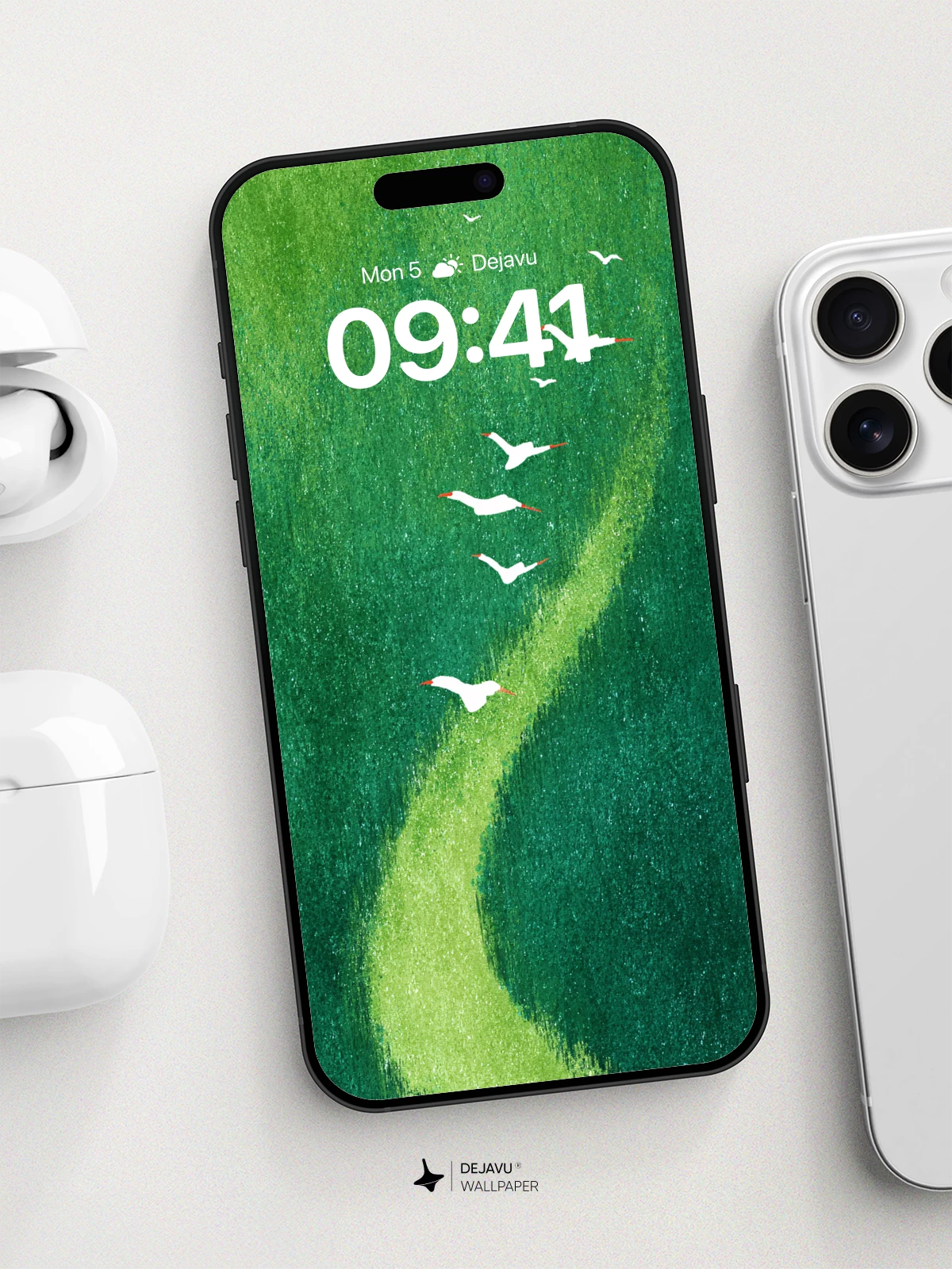 Abstract Green Landscape With Flying Birds Wallpaper 8K
