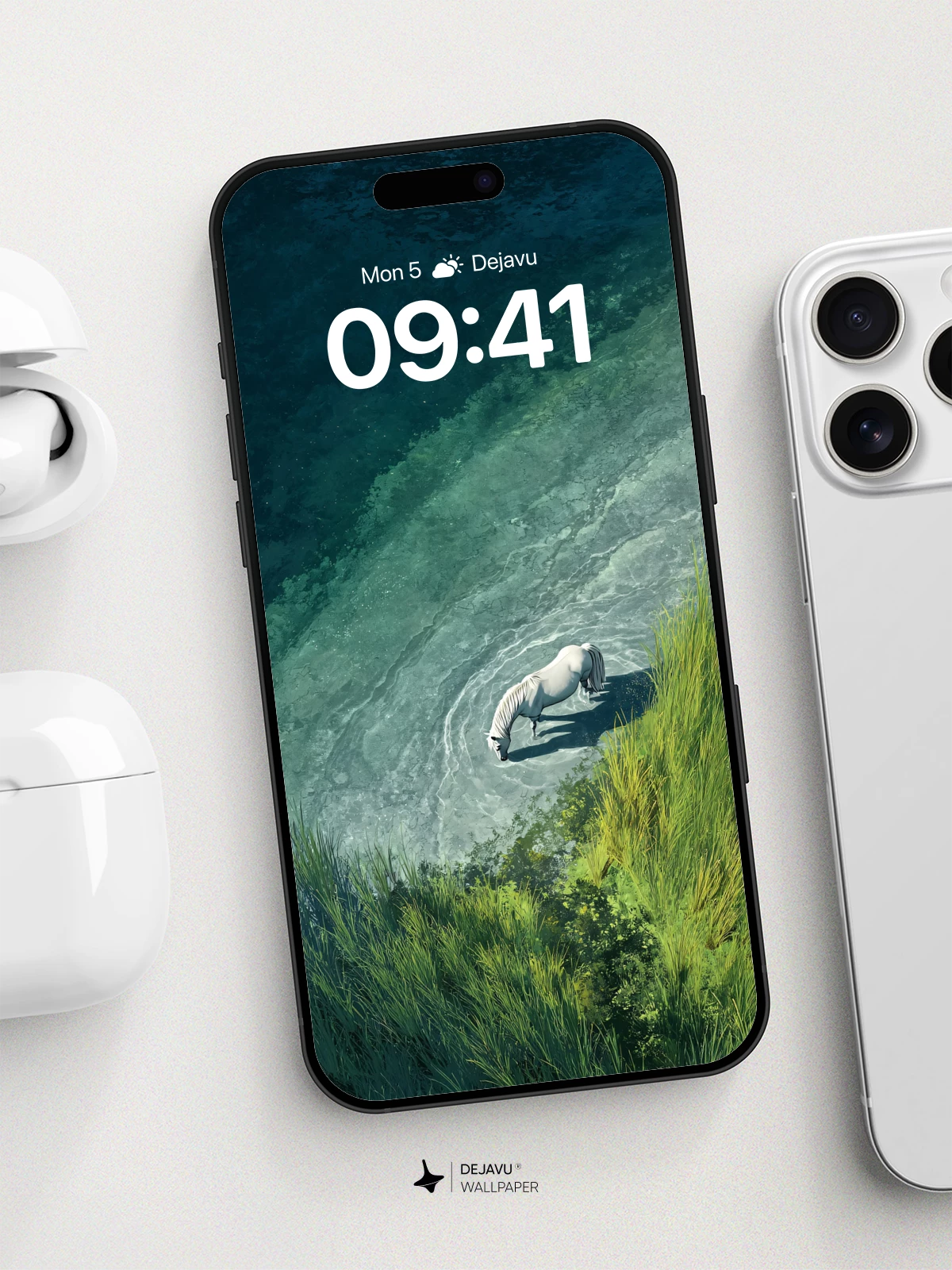 White Horse in Crystal Waters Wallpaper 8K for iPhone and Android