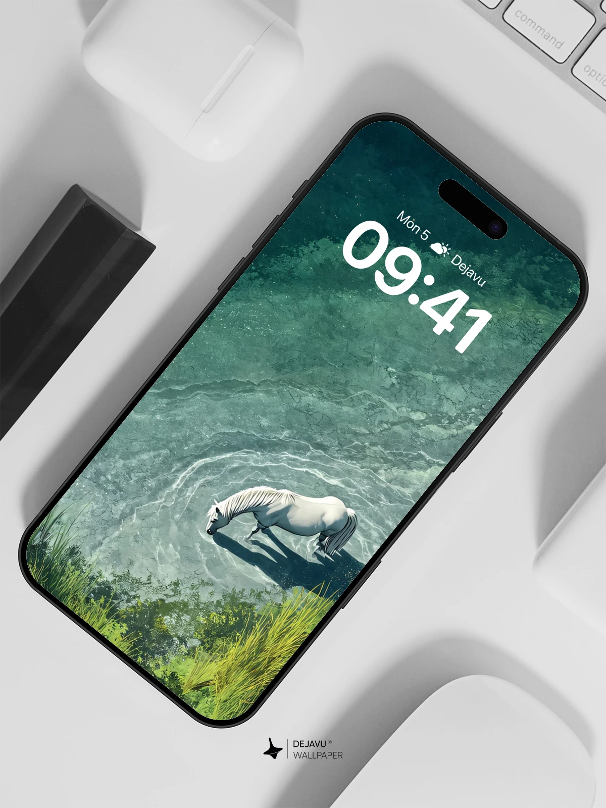 White Horse in Crystal Waters Wallpaper 8K for iPhone and Android