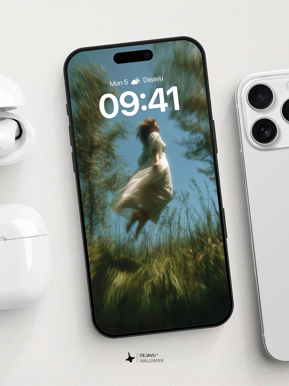 Surreal Floating Woman in Field Wallpaper 8K for iPhone and Android