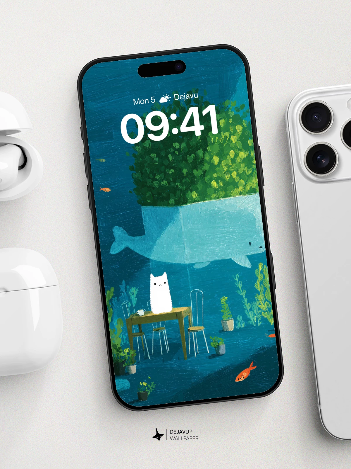 Whale Garden Cat Wallpaper 8K for iPhone and Android