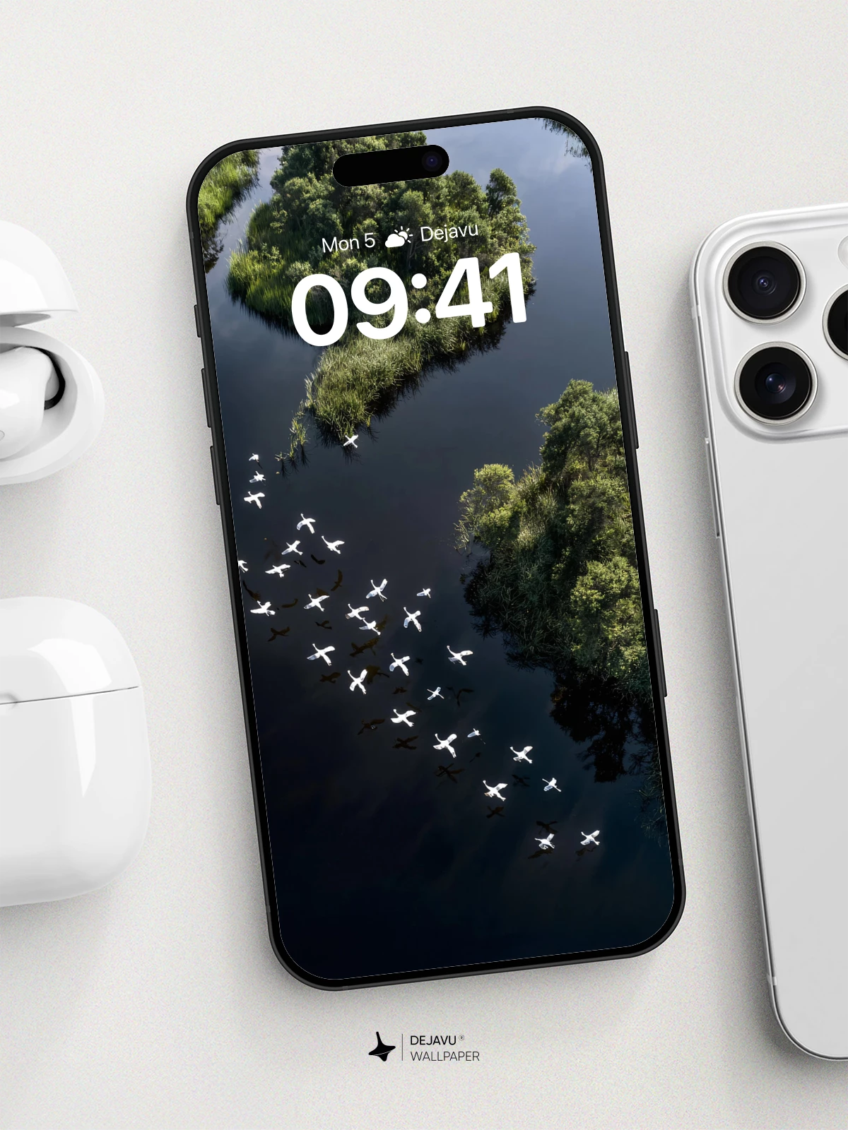 Aerial River Birds Flight Wallpaper 8K for iPhone and Android