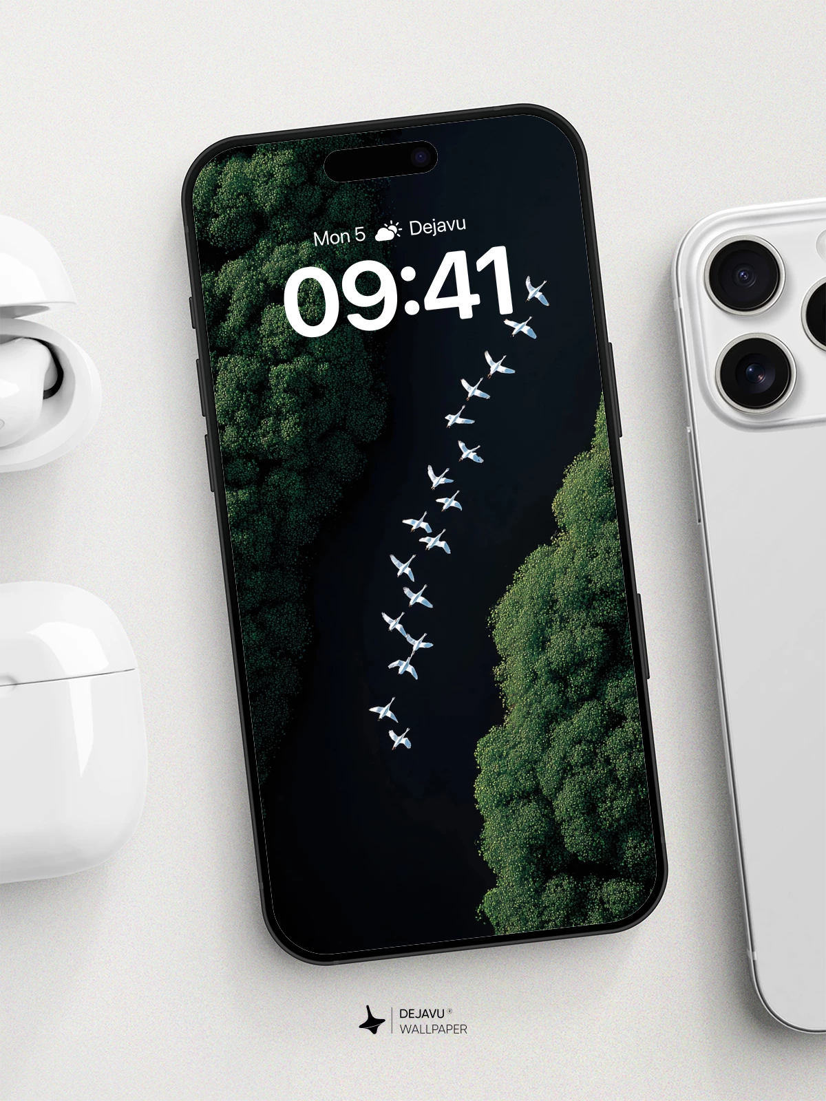 Geese Flight Over Forest River Wallpaper 8K