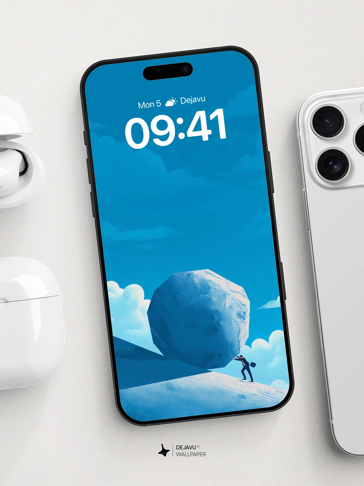 Surreal Business Man Pushing Rock Wallpaper 8K