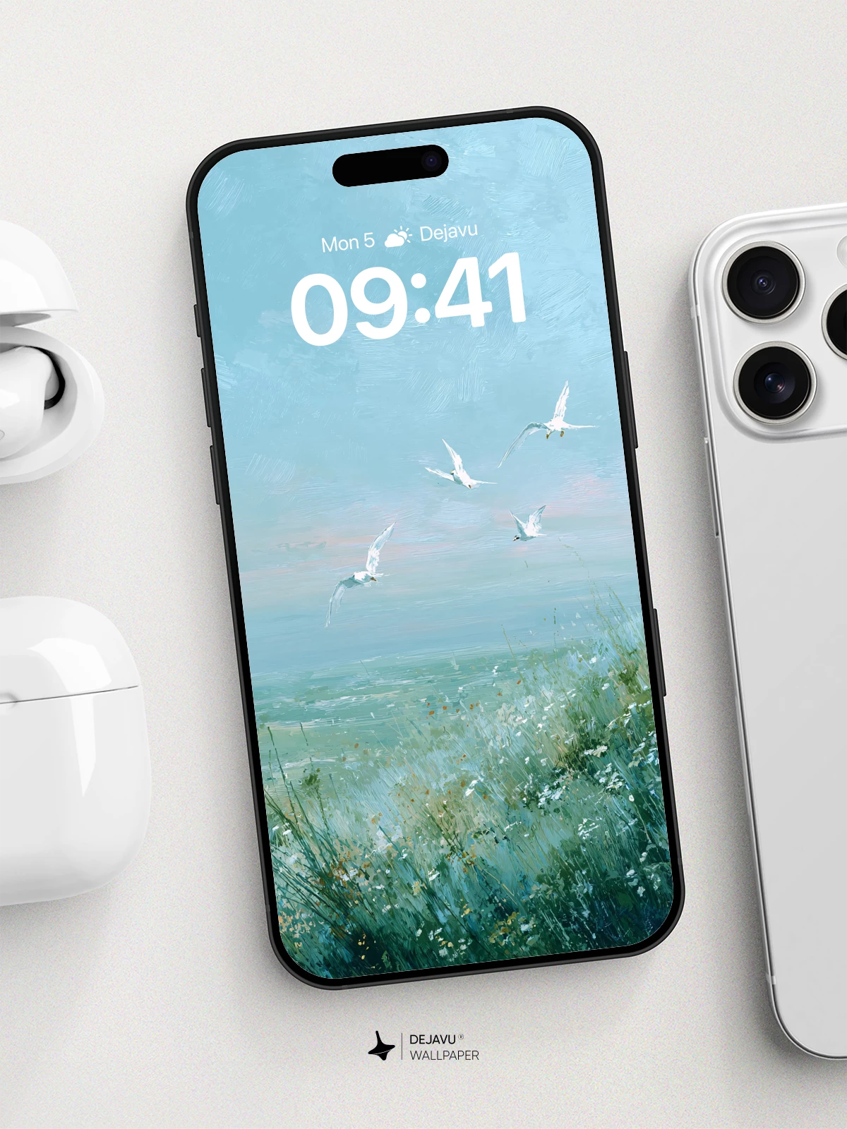 Serene Seagulls Over Wildflowers Wallpaper 8K for iPhone and Android