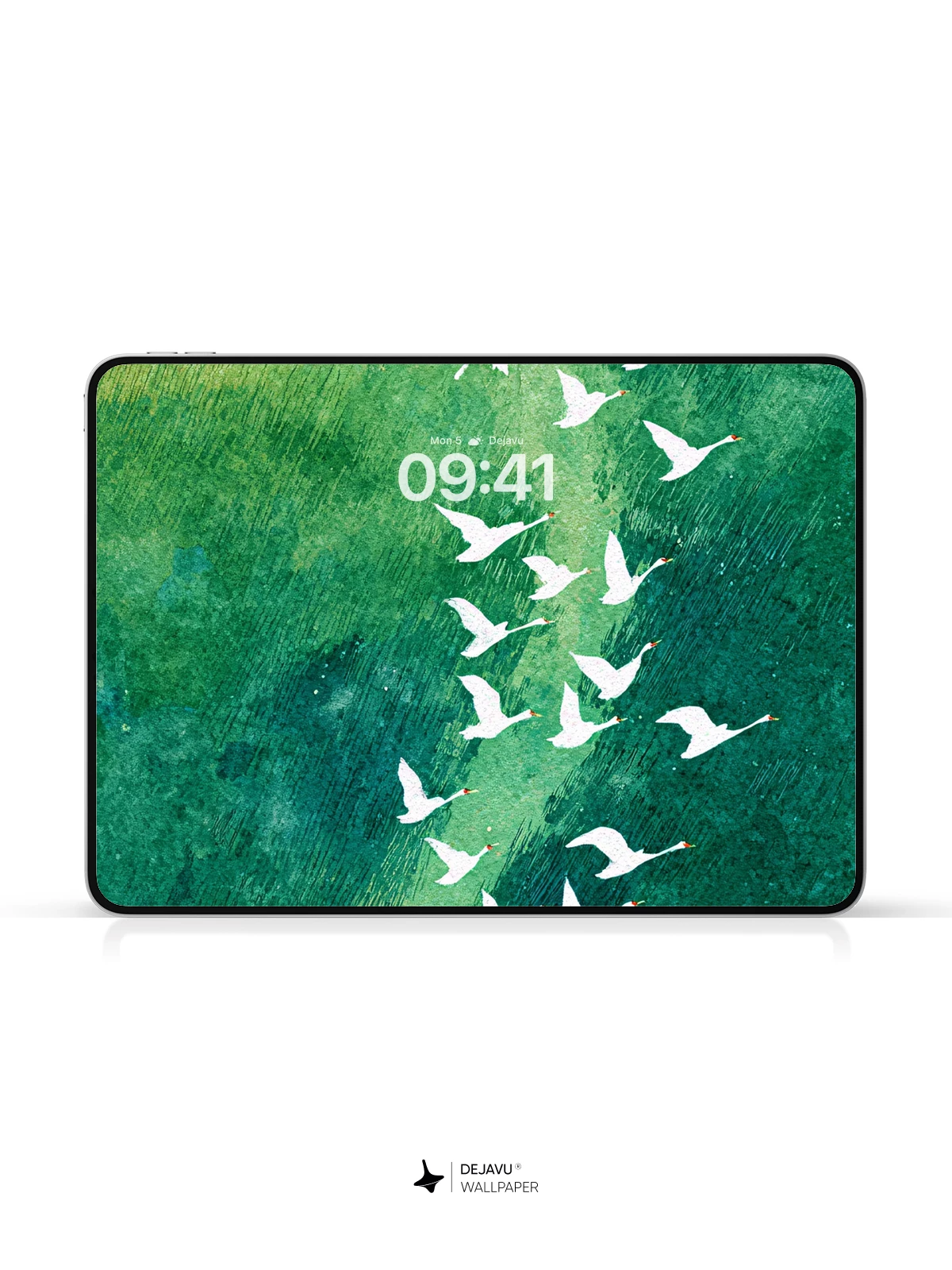 Geese In Flight Over Emerald Waters Wallpaper 8K