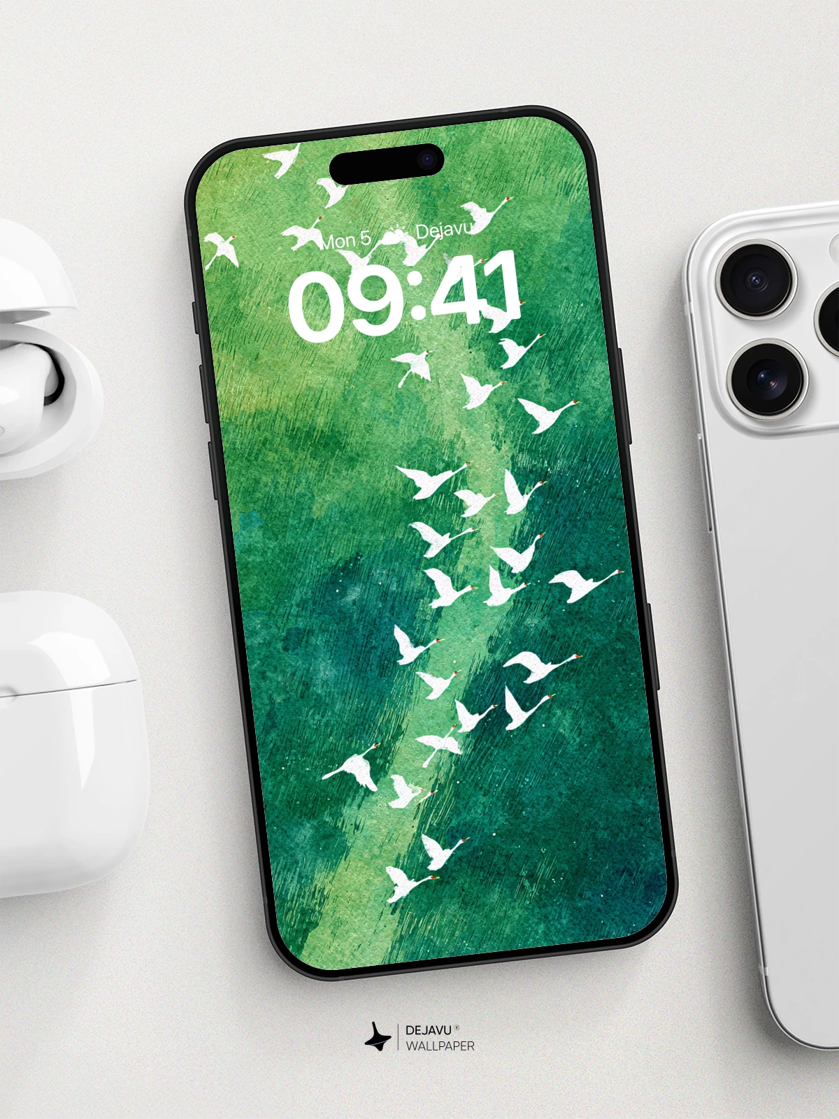 Geese In Flight Over Emerald Waters Wallpaper 8K