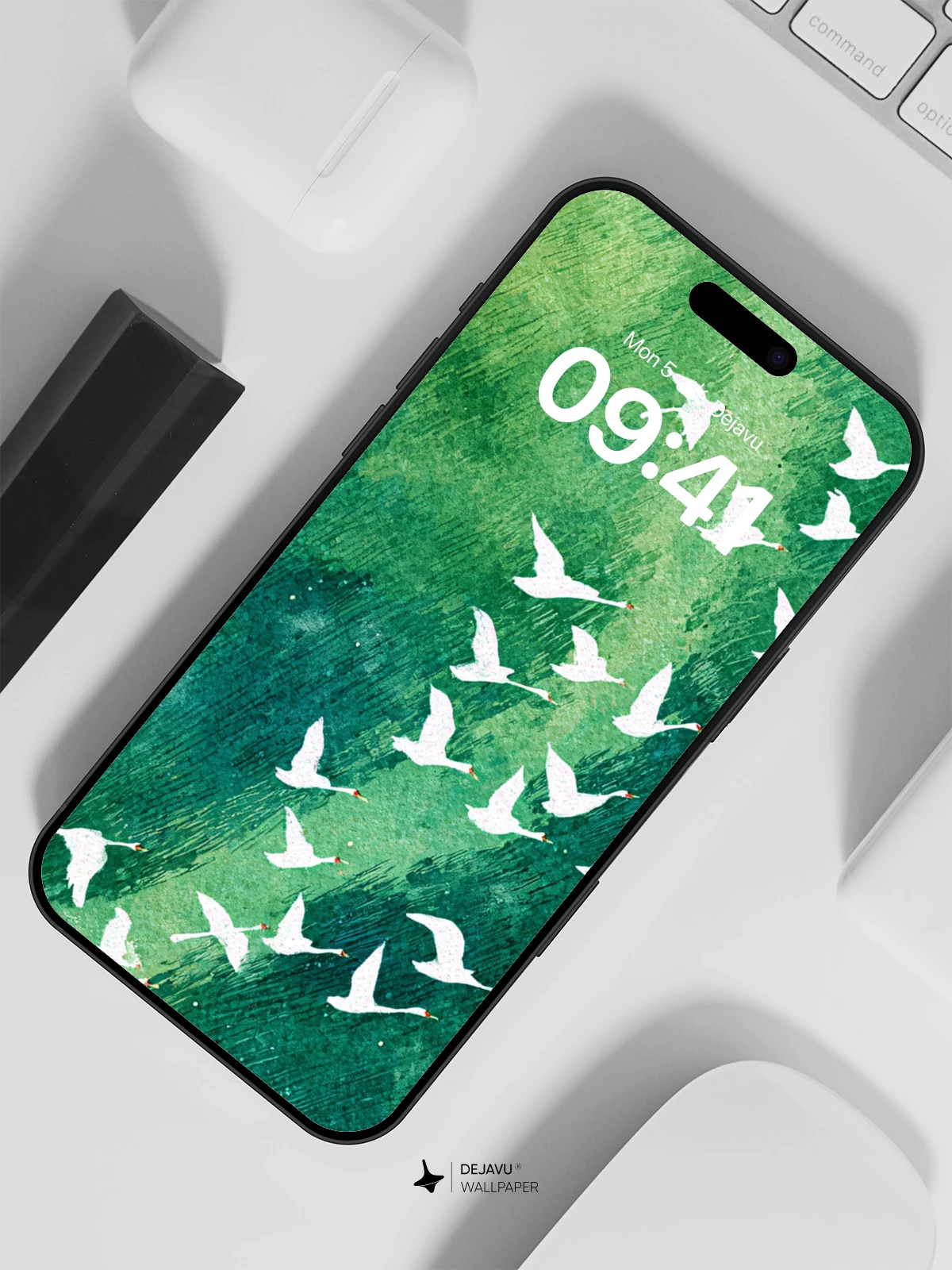 Geese In Flight Over Emerald Waters Wallpaper 8K