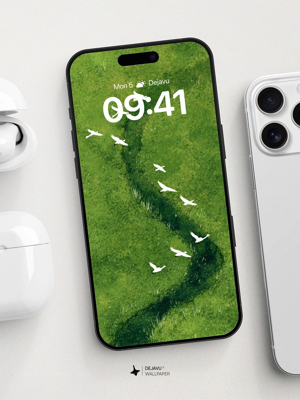 Elegant White Birds Over Green Field Wallpaper 8K for iPhone and Android