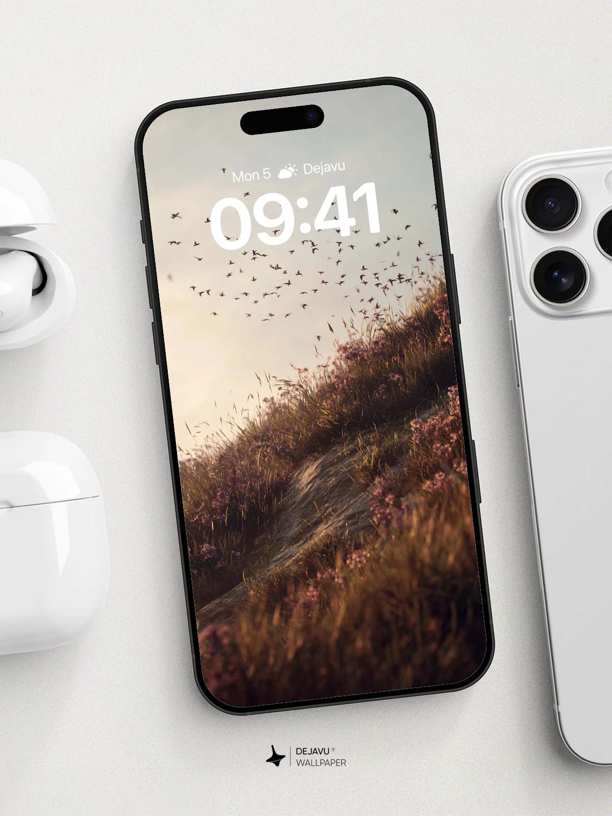 Wildflower Hillside With Flock Of Birds Wallpaper 8K