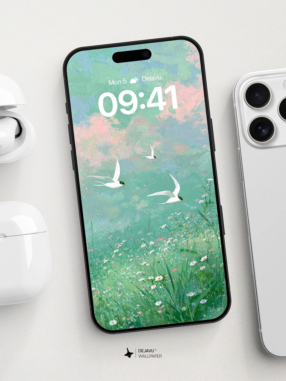 Serene Meadow With Flying Birds Wallpaper 8K for iPhone and Android