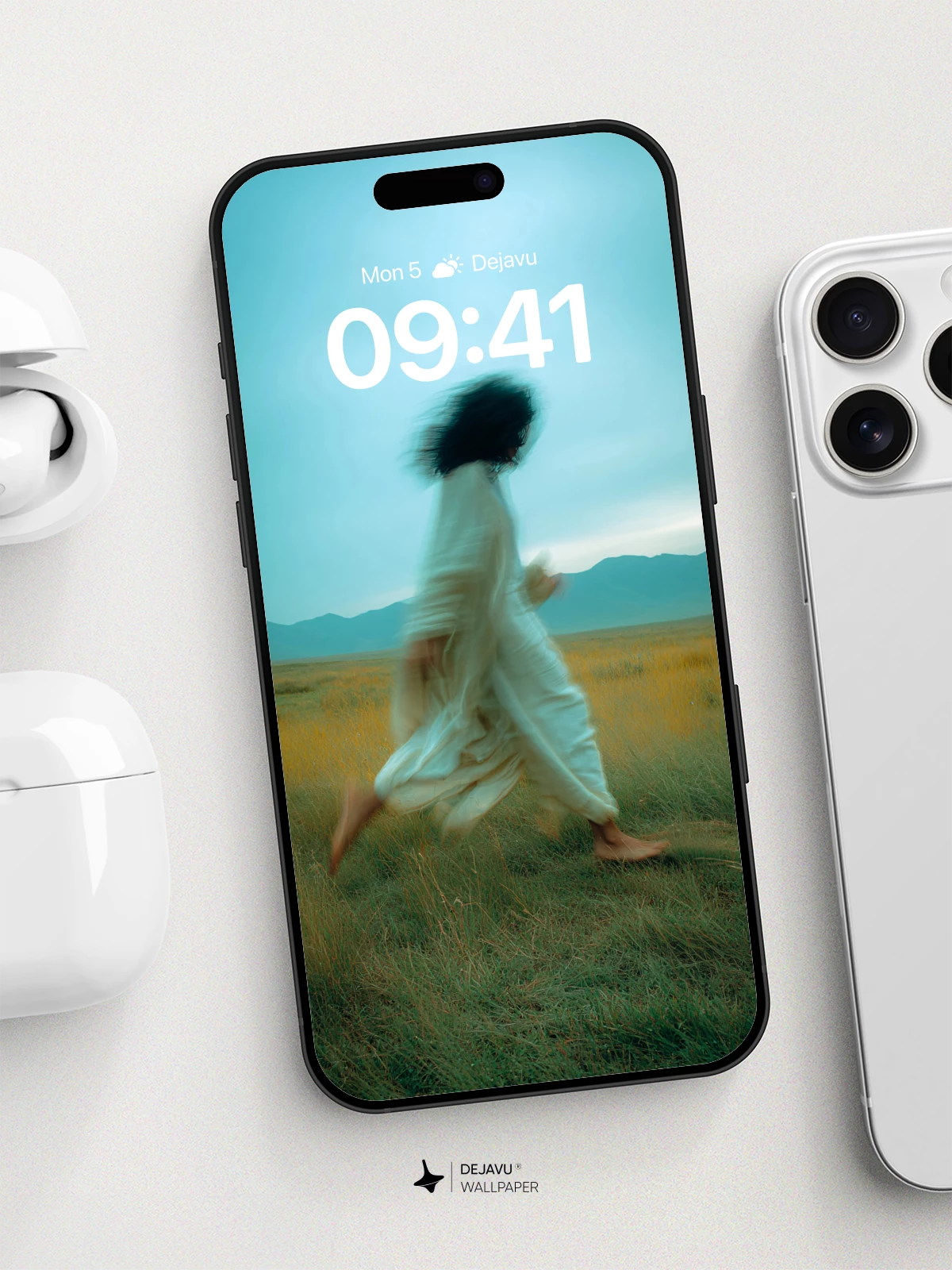 Ethereal Woman Running in Field Wallpaper 8K for iPhone and Android