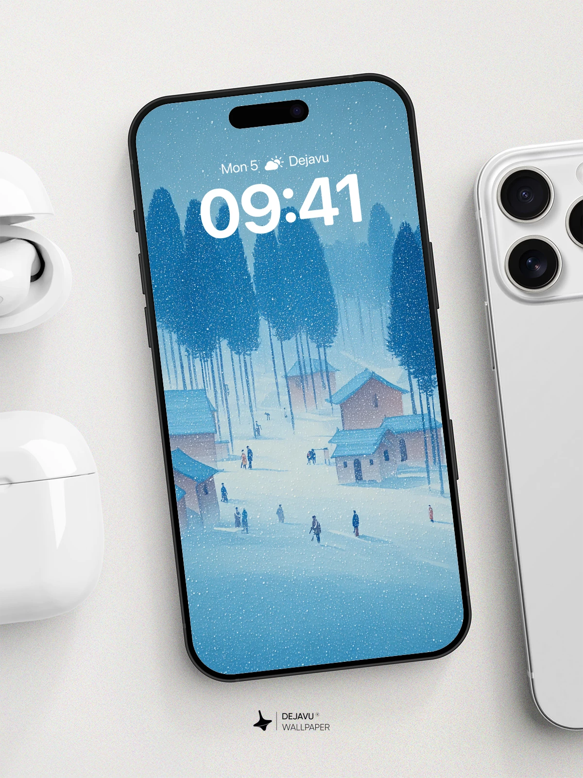 Winter Village Snowfall Wallpaper 8K for iPhone and Android