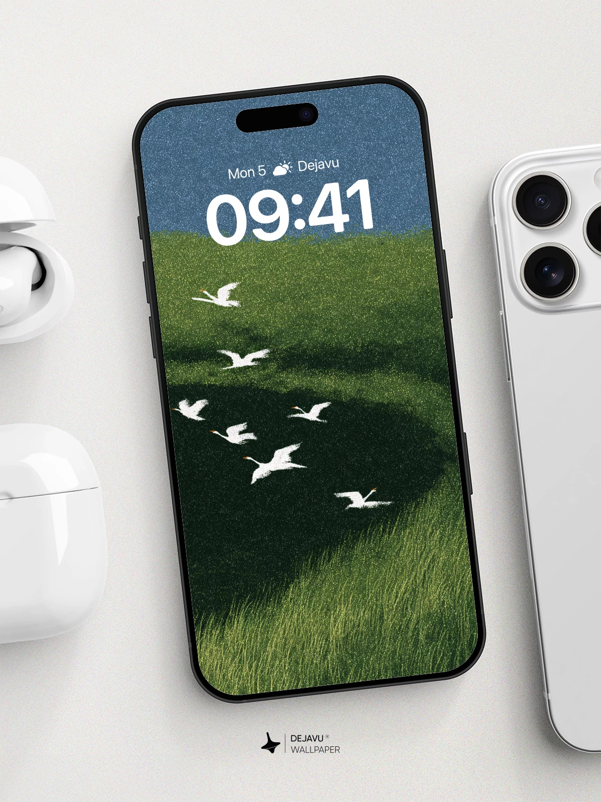 Swan Flight Over Green Hills Wallpaper 8K for iPhone and Android