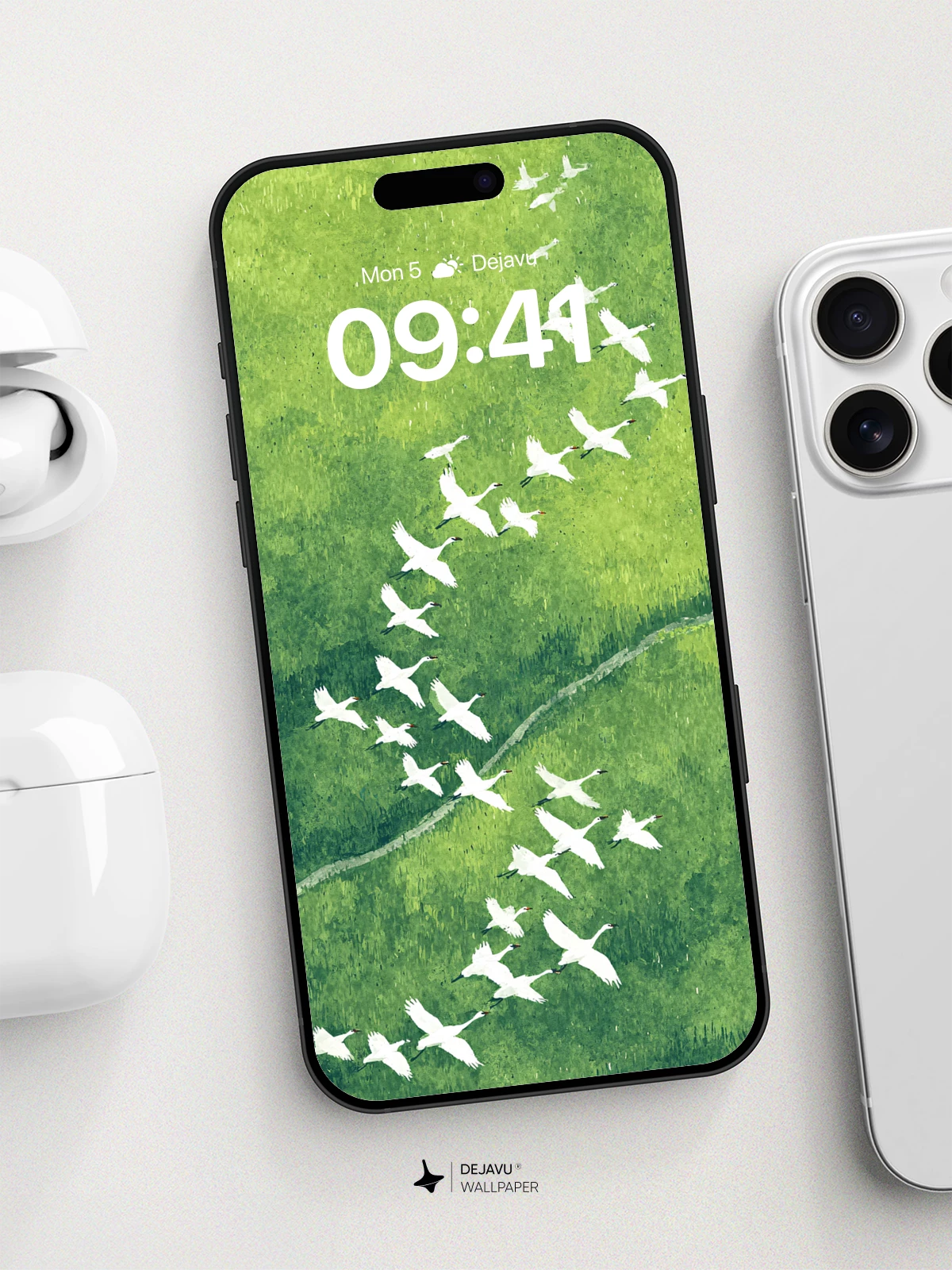 Swooping Cranes Over Green Fields Wallpaper 8K