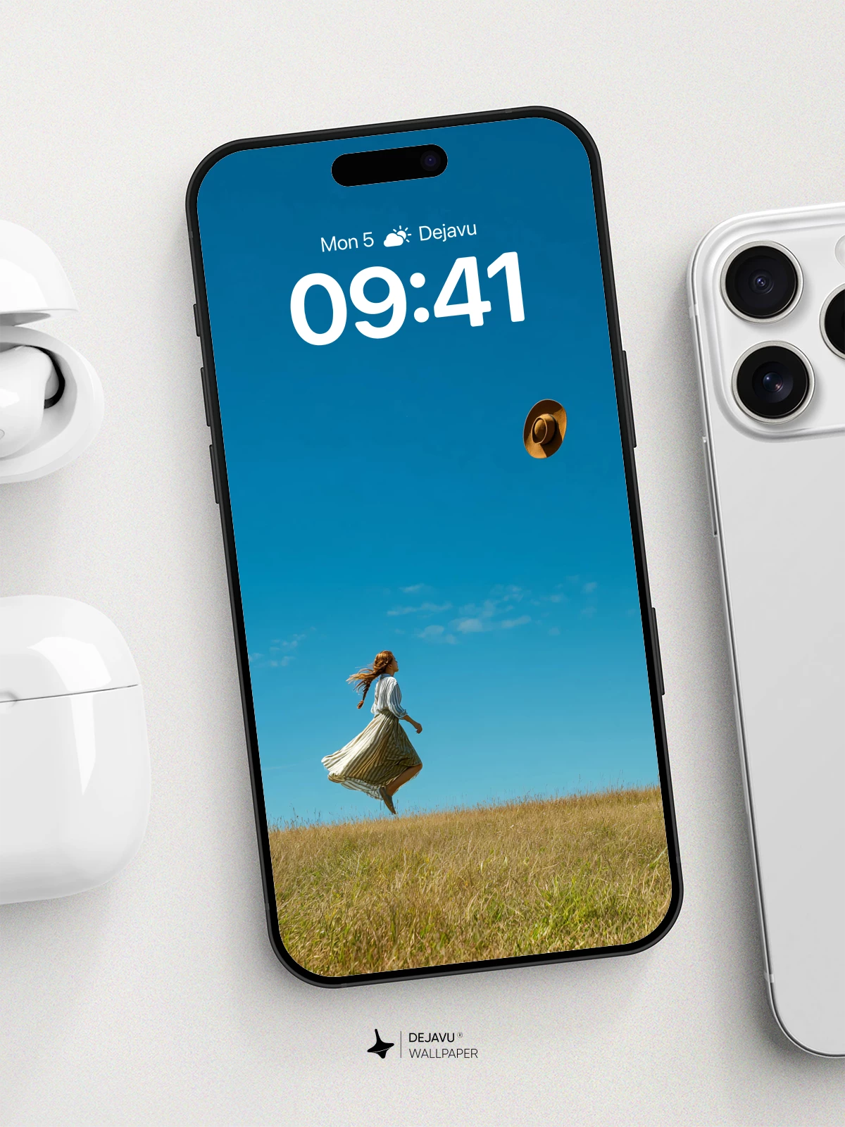 Woman Running With Flying Hat Wallpaper 8K