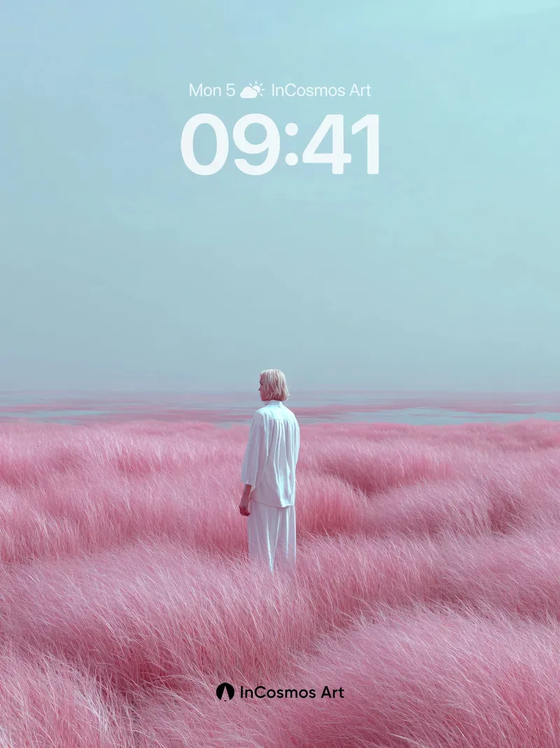 Serenity in Pink Grass Wallpaper with Ethereal Horizon