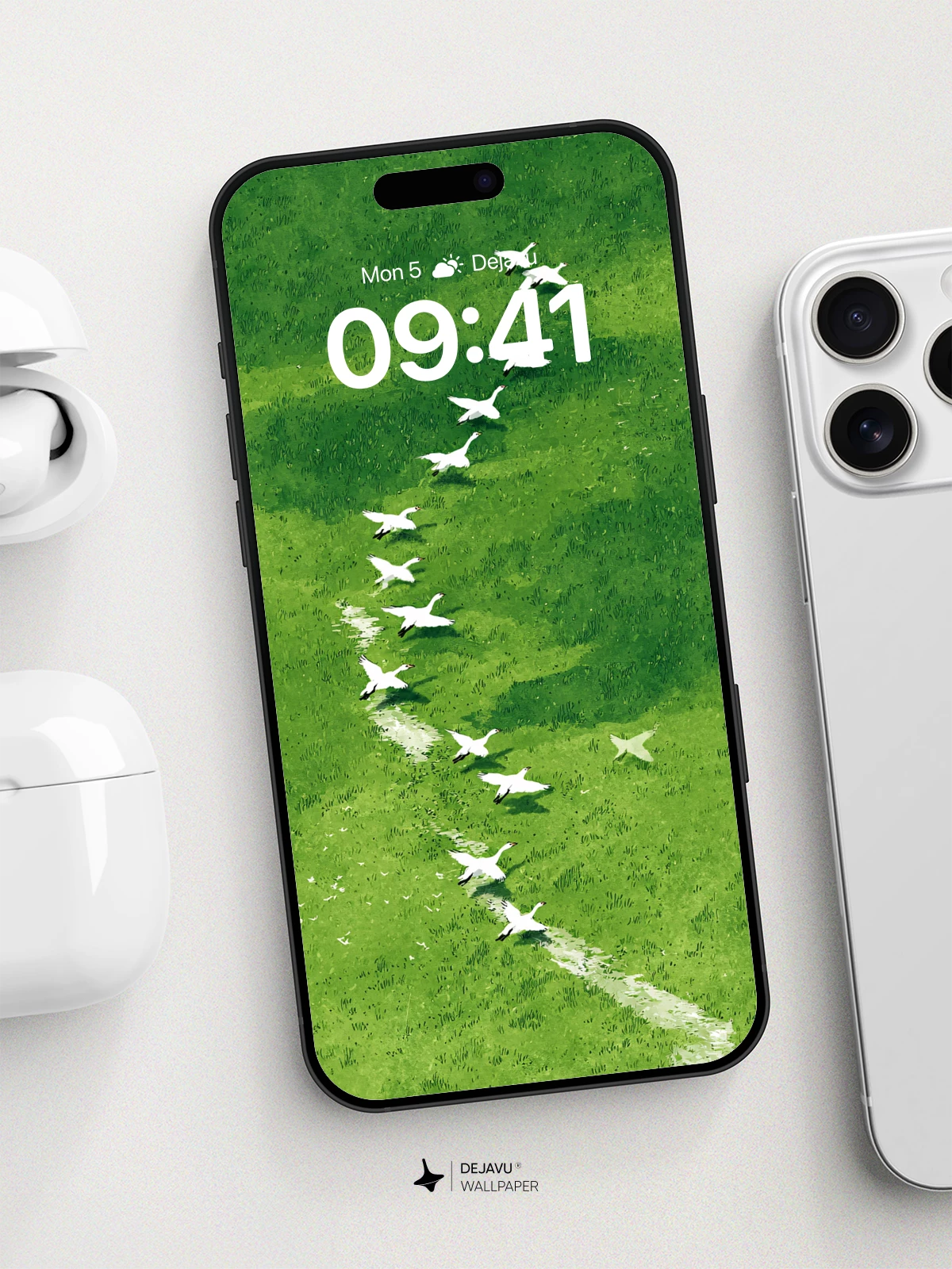 Geese Flight Over Green Fields Wallpaper 8K