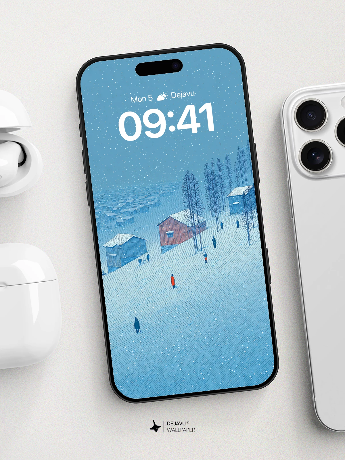 Winter Village Snowfall Wallpaper 8K for iPhone and Android