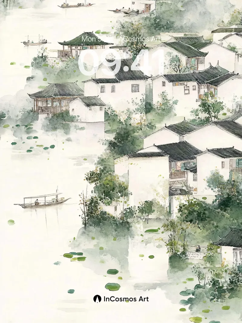 Mist-veiled Village Wallpaper with Floating Canoes