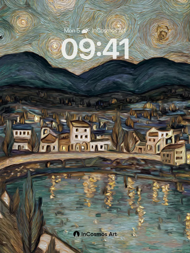Swirling Starlight Village Wallpaper in Oil Paint Texture