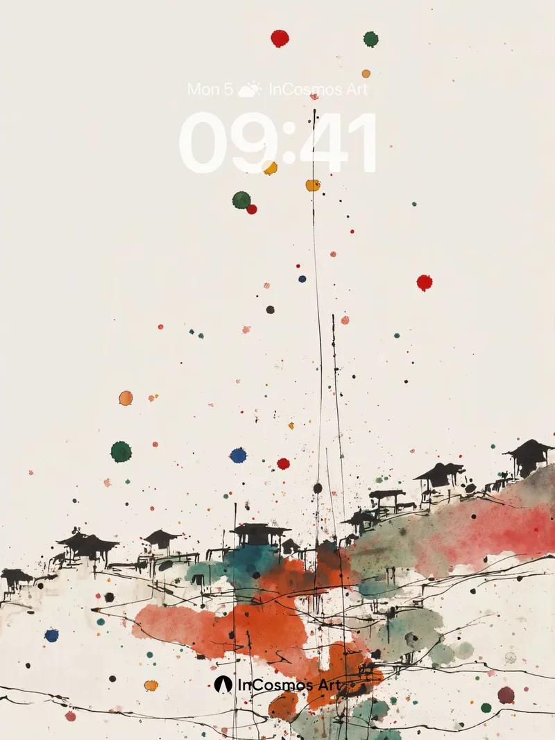 Ink Wash Village Wallpaper with Floating Dots