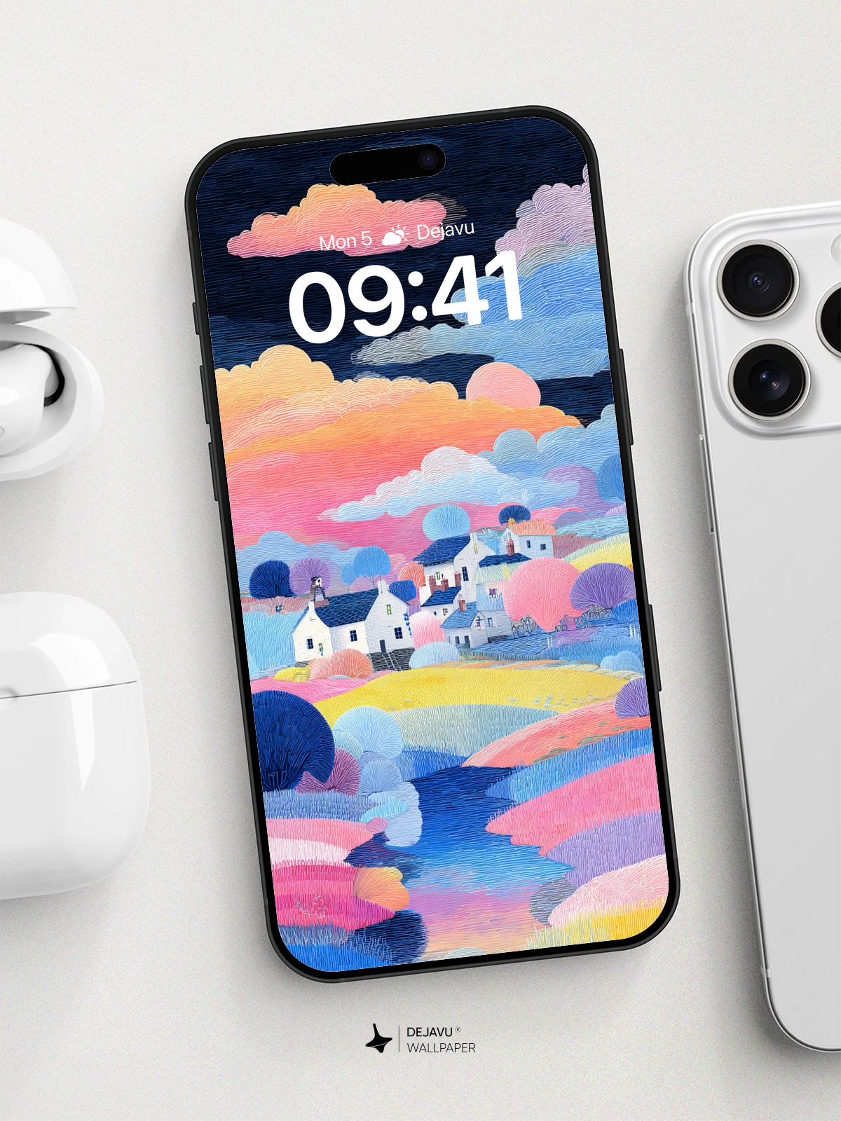 Embroidered Sunset Village 8K Wallpaper for Phone and Tablet