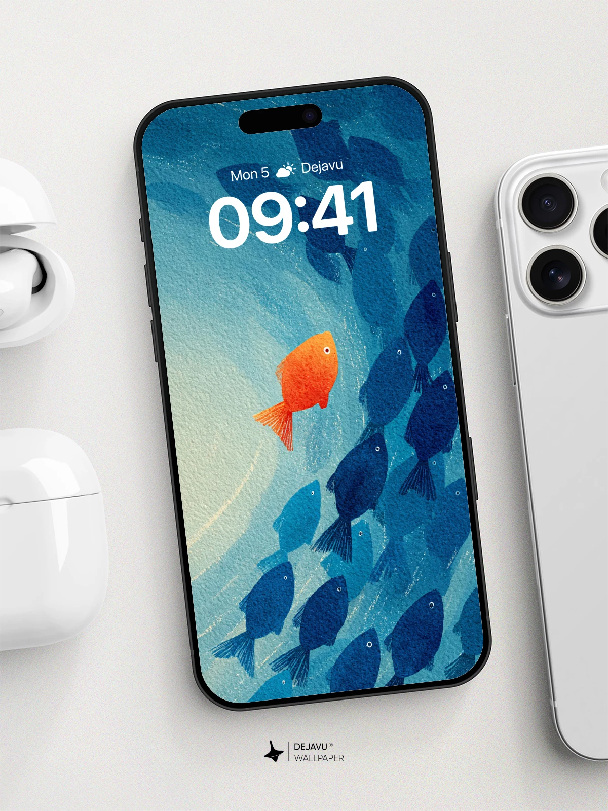 Orange Fish Among Blue Shadows Wallpaper 8K for iPhone and Android