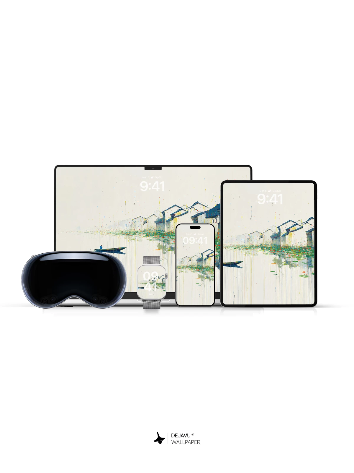 Wu Guanzhong Inspired Water Village 8K Wallpaper