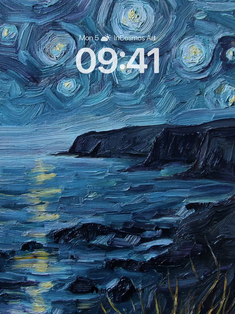 Swirling Starlight Coastal Wallpaper in Van Gogh Style