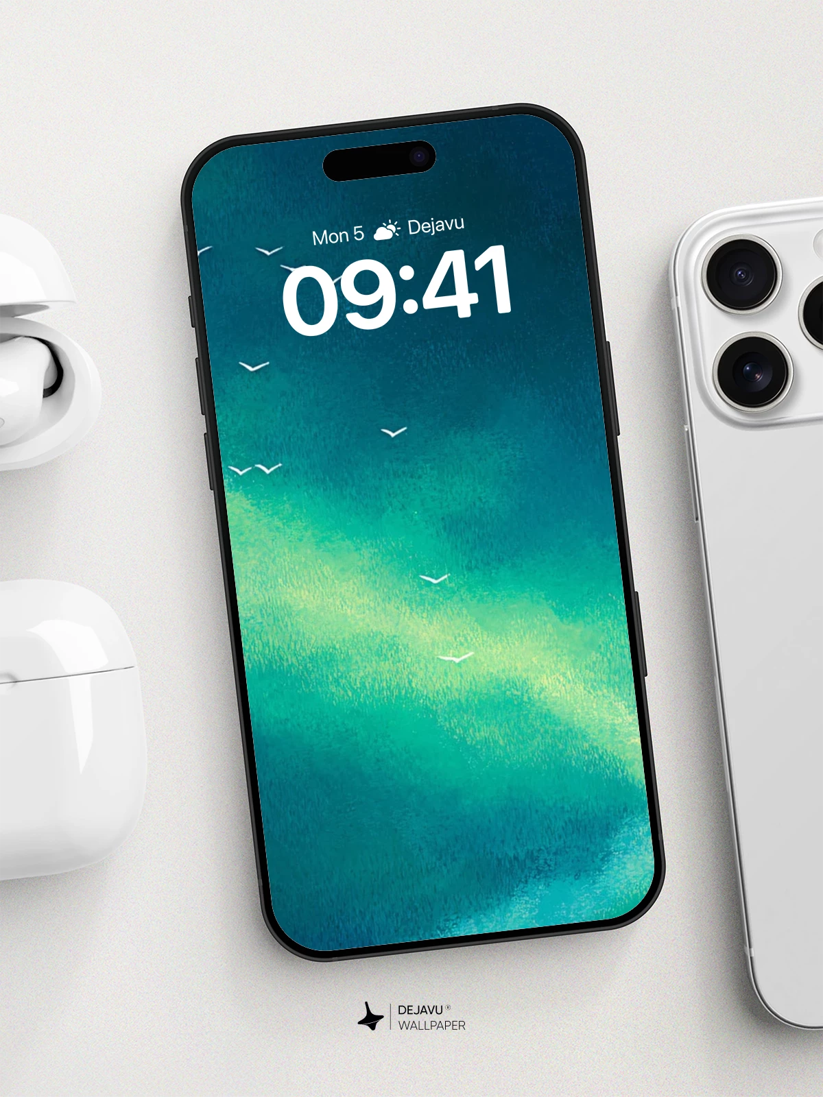 Teal Sky and Bird Flock 8K Wallpaper for iPhone and Android
