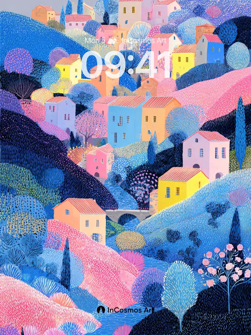 Pastel Hillside Village Wallpaper with Textured Brushstrokes