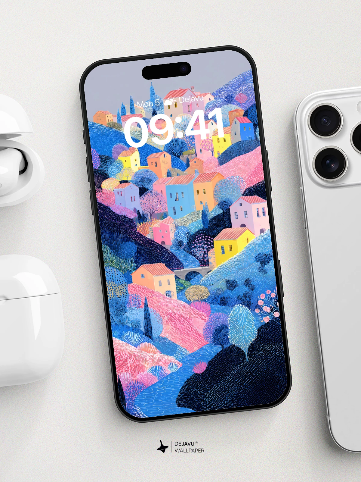 Illustrated Hillside Village Wallpaper 8K