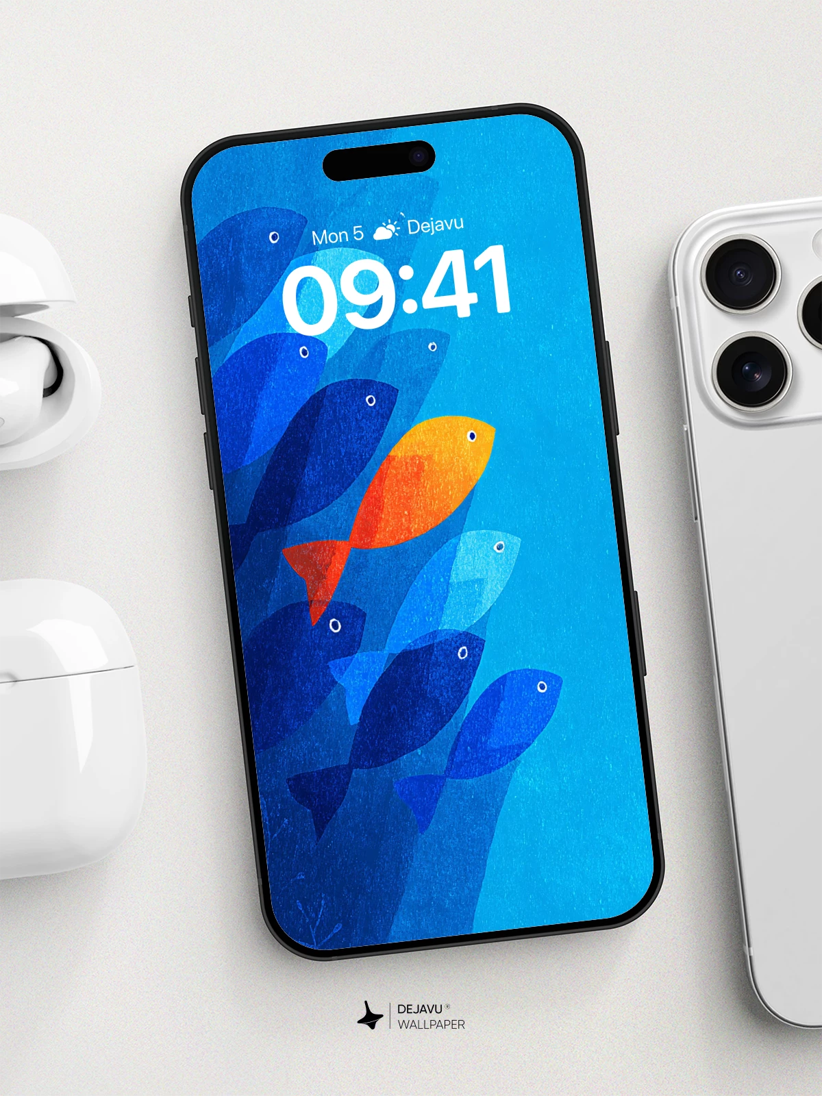 Vibrant Orange Fish Among Blue Flock Wallpaper 8K