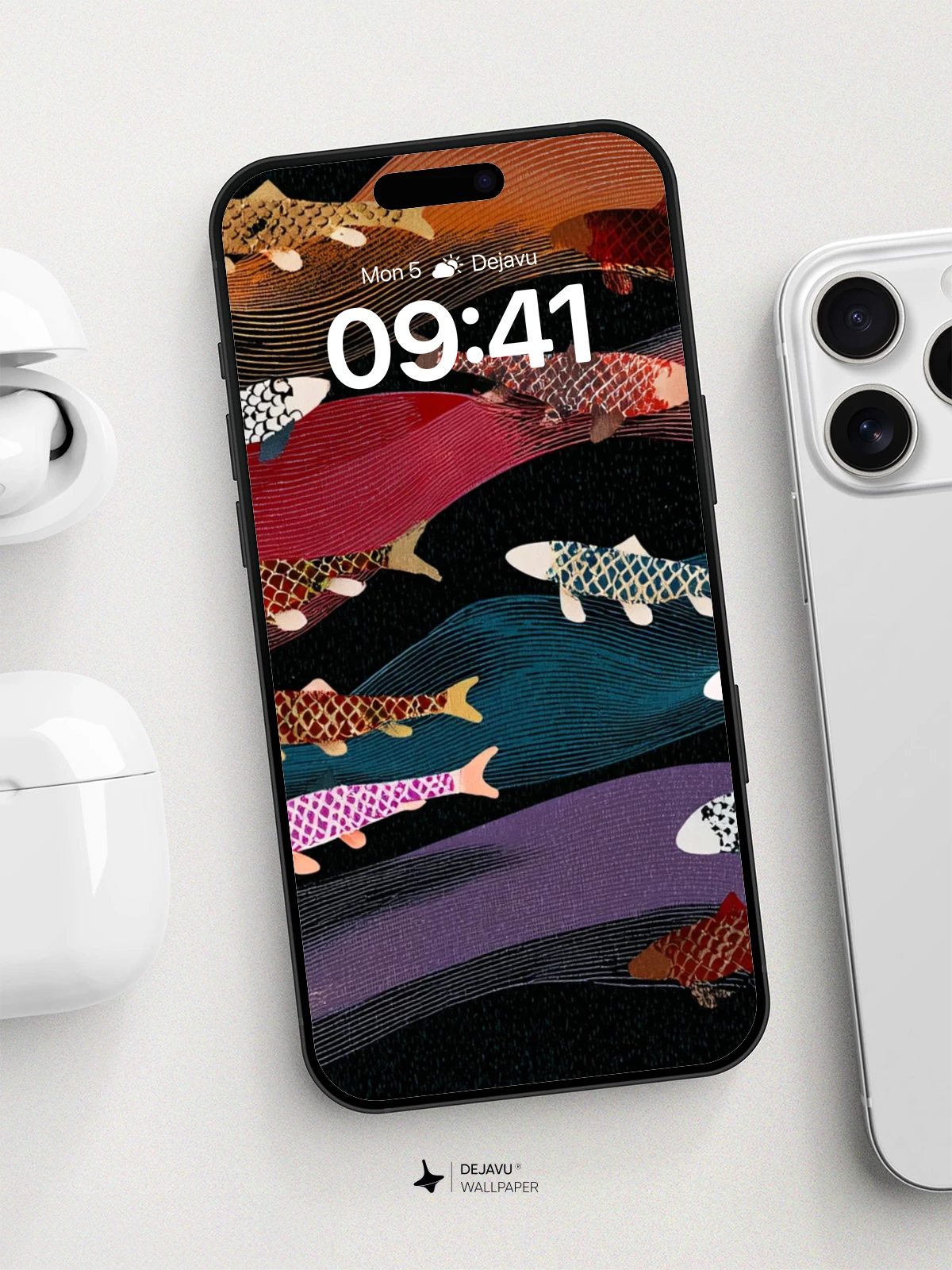 Wavy Lines and Fish 8K Wallpaper for iPhone and Android