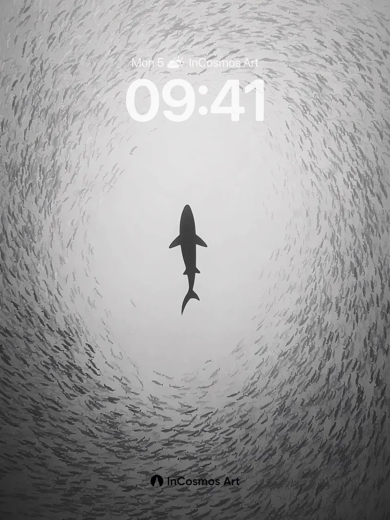 Monochrome Shark Silhouette in Vortex of Fish Wallpaper