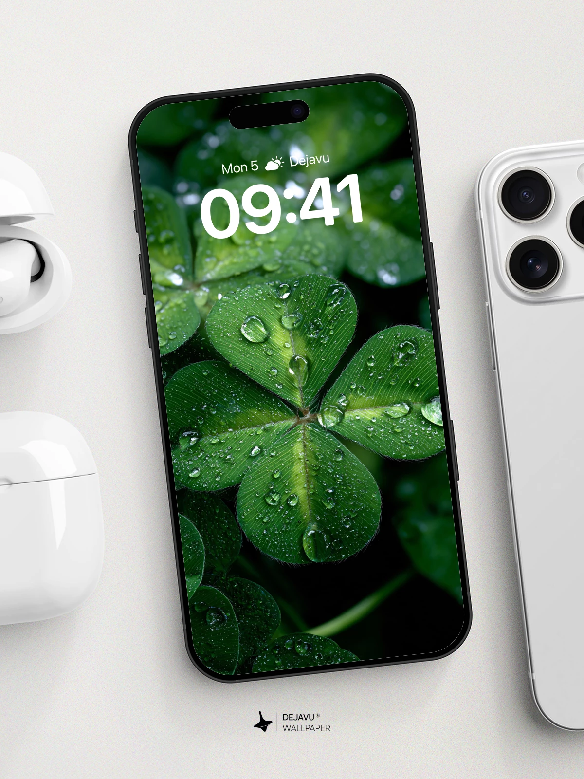 Lucky Clover Dewdrops Wallpaper 8K for iPhone and Android