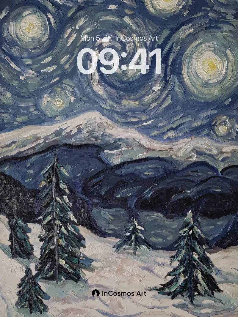 Starry Night Swirls Wallpaper with Icy Peaks