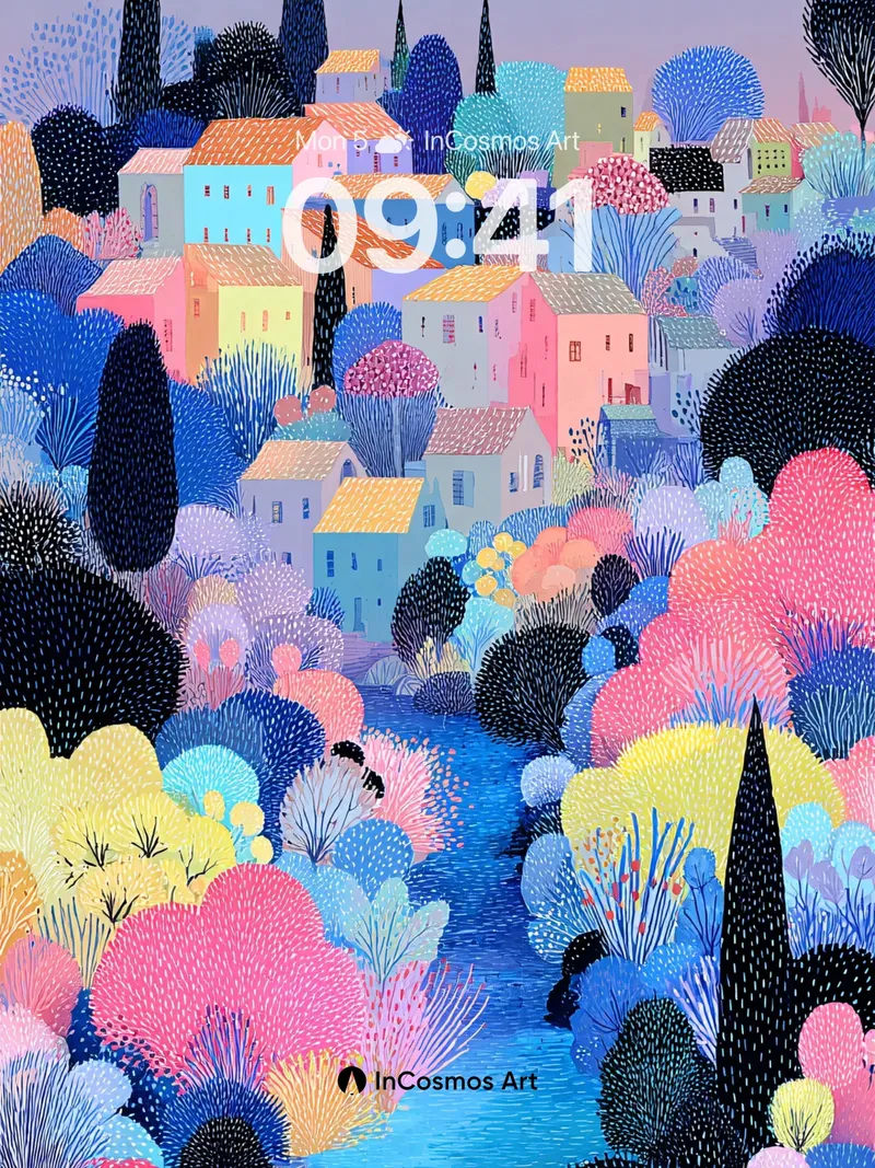 Whimsical Village Wallpaper with Dreamy Hues