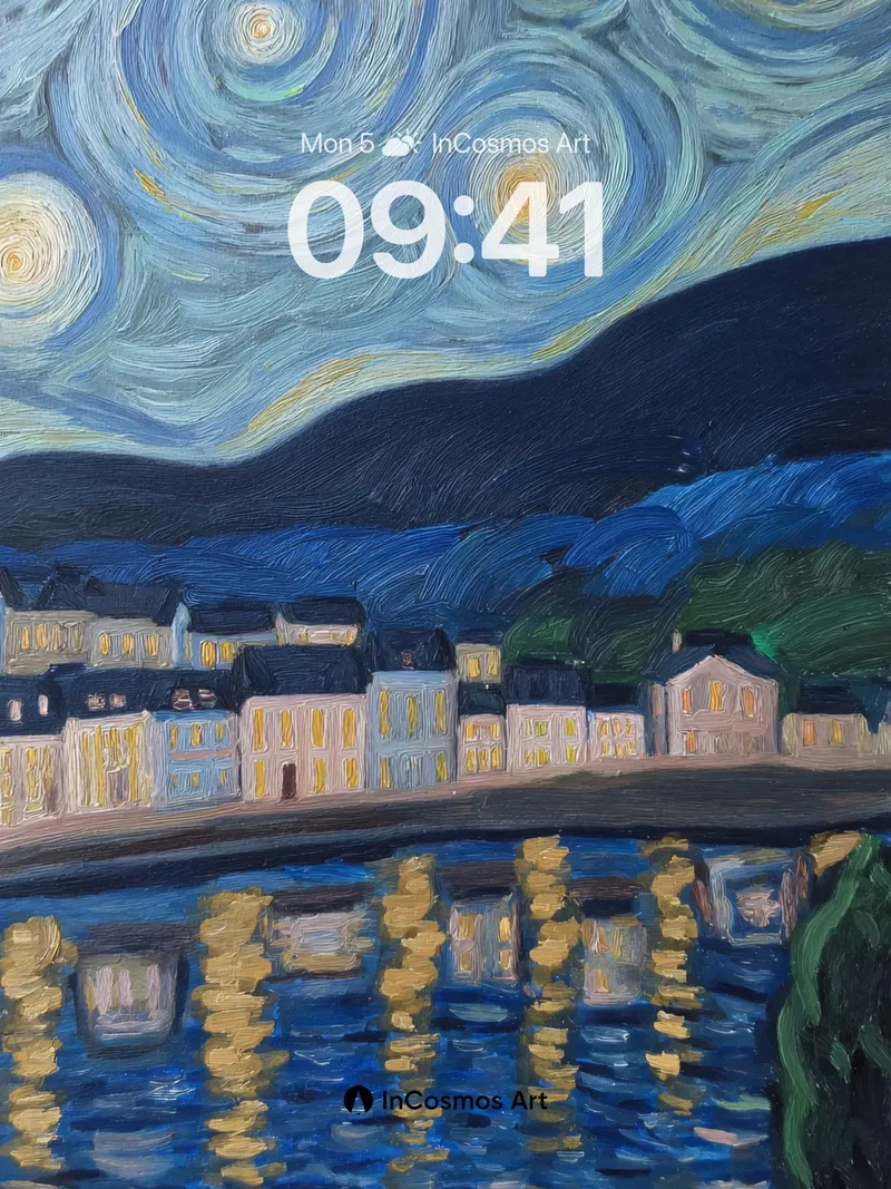 Swirling Starlight Village Wallpaper in Midnight Blue