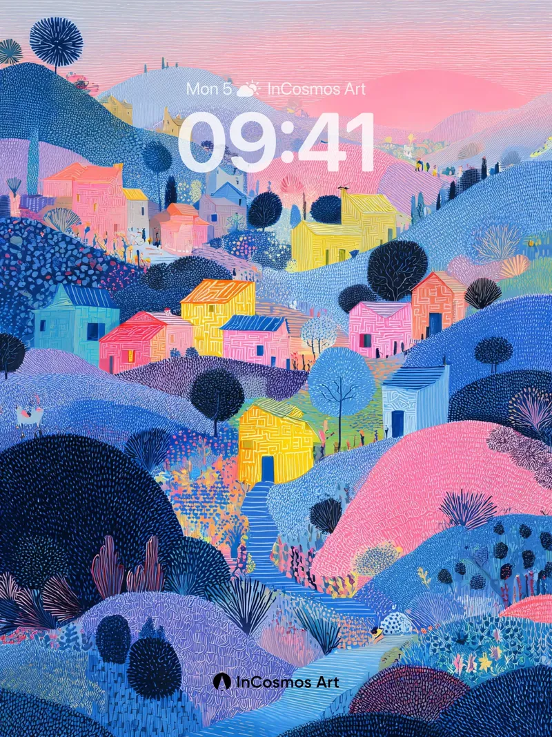 Pastel Village Gradient Wallpaper with Rolling Hills