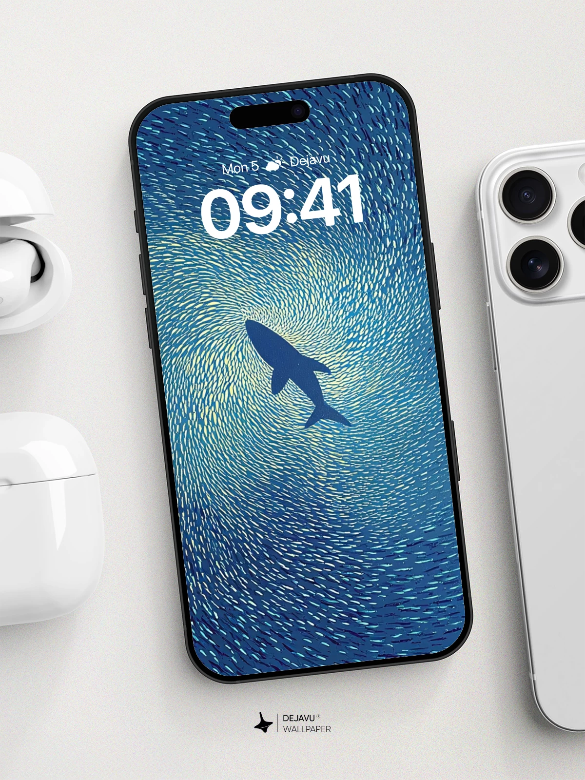 Whirlpool of Fish with Shark in Center Wallpaper 8K